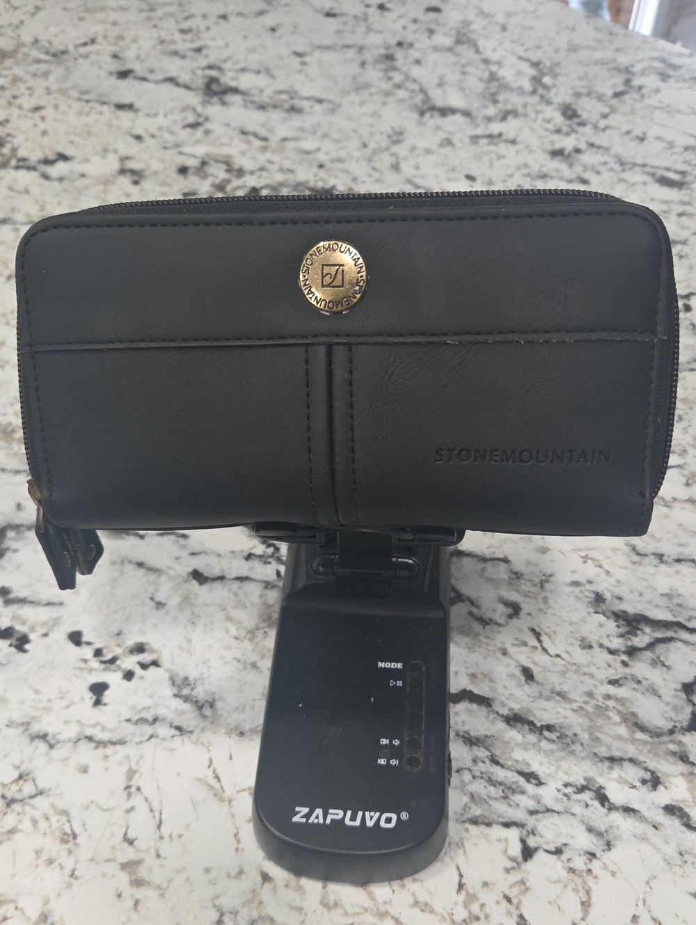 Stone Mountain Black Zip Wallet with Gold-Tone Logo Button